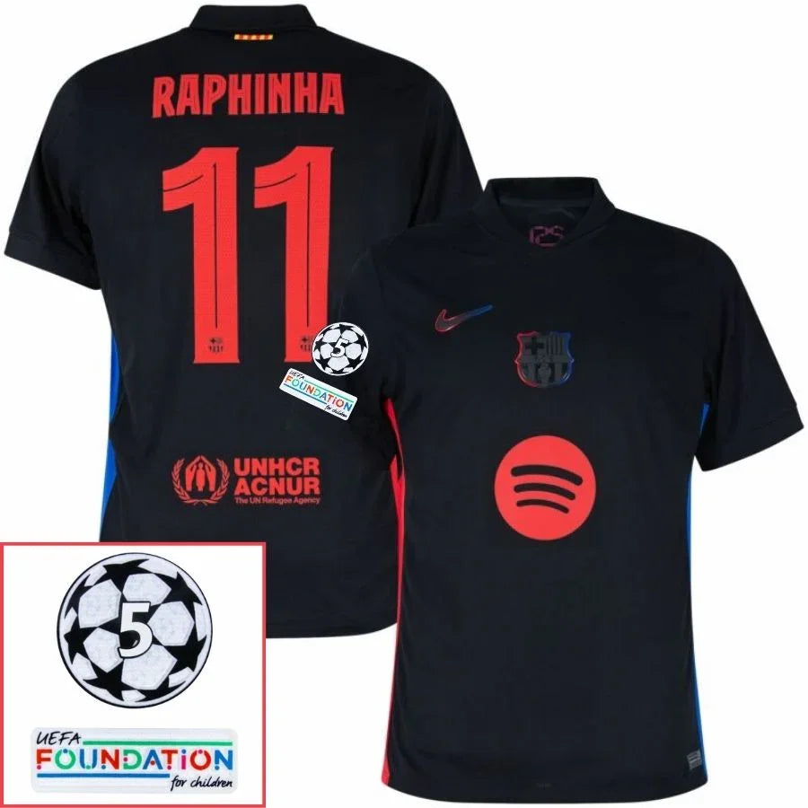 Barcelona Raphinha 11 Away Fan Jersey 2024/25 Patches UCL UEFA Foundation (Official Printing)