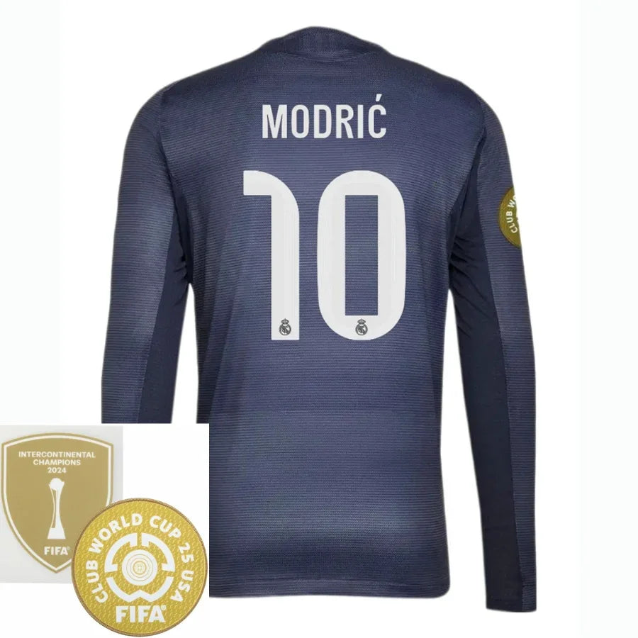 Real Madrid Away Long Sleeve Fan Jersey 2025/26 - Patch 2025 Club World Cup + FIFA Intercontinental Champions